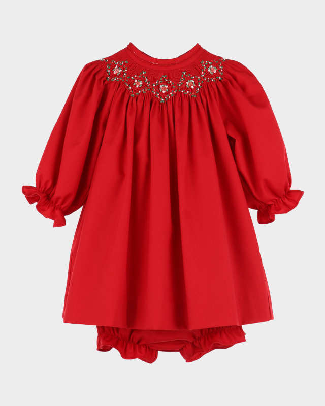 Girl's Merry & Bright Smocked Bishop Dress & Bloomers, Size 3M-24